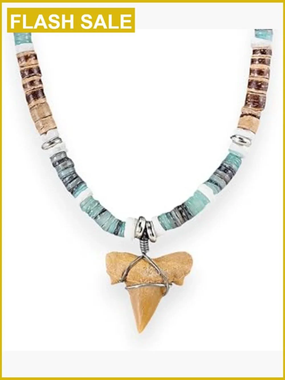 Real Fossil Shark Tooth Necklace Natural Coconut Shell Beads 18in